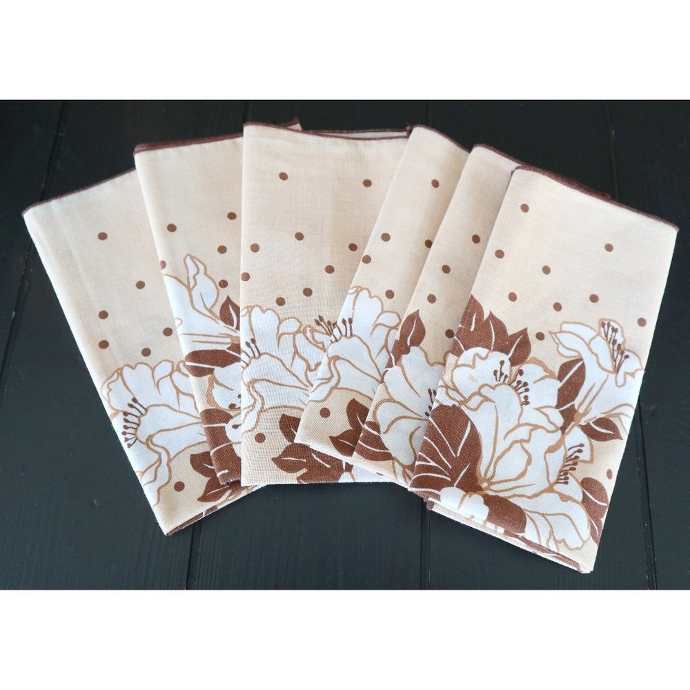 6 Vintage Cotton Floral Napkins Tan White Brown Flowers
